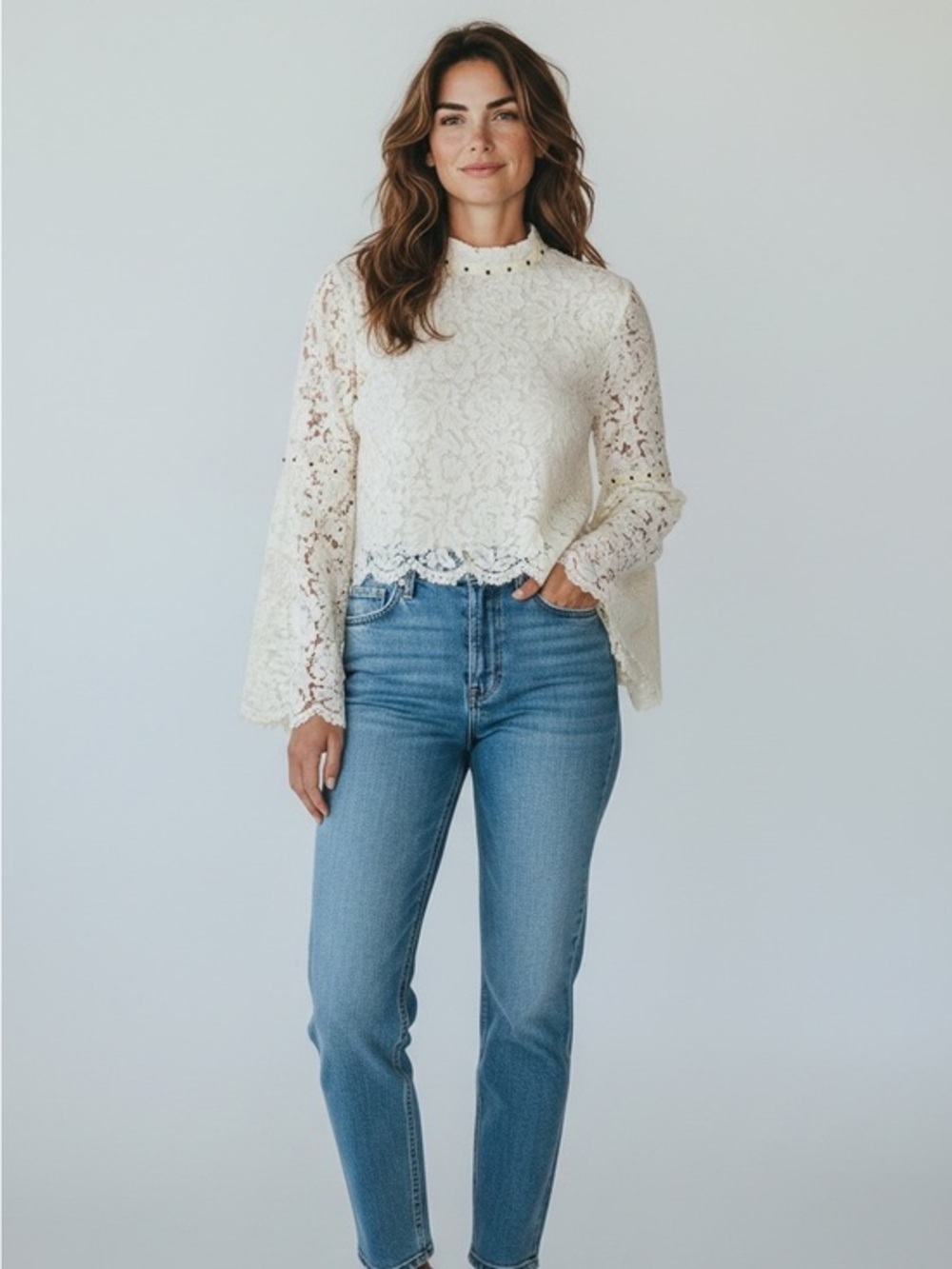 DO+BE Ivory Floral Lace Bell-Sleeve Blouse –Boutique- S-  Cream MSRP $68